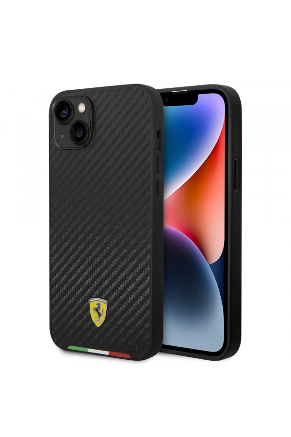Apple iPhone 14 Plus Kılıf Ferrari Orjinal Lisanslı M-safe Şarj Özellikli Karbon İtalyan Bayrak Dizayn Kapak