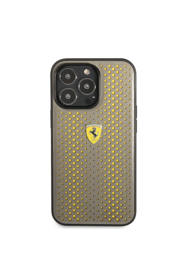 Apple iPhone 14 Pro Kılıf Ferrari Deri Sarı Noktalı Dizayn Kapak