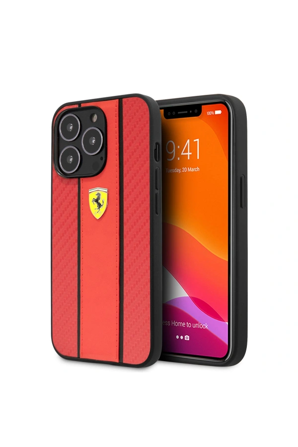 Apple iPhone 14 Pro Kılıf Ferrari PU Deri Ve Karbon Dizayn Kapak