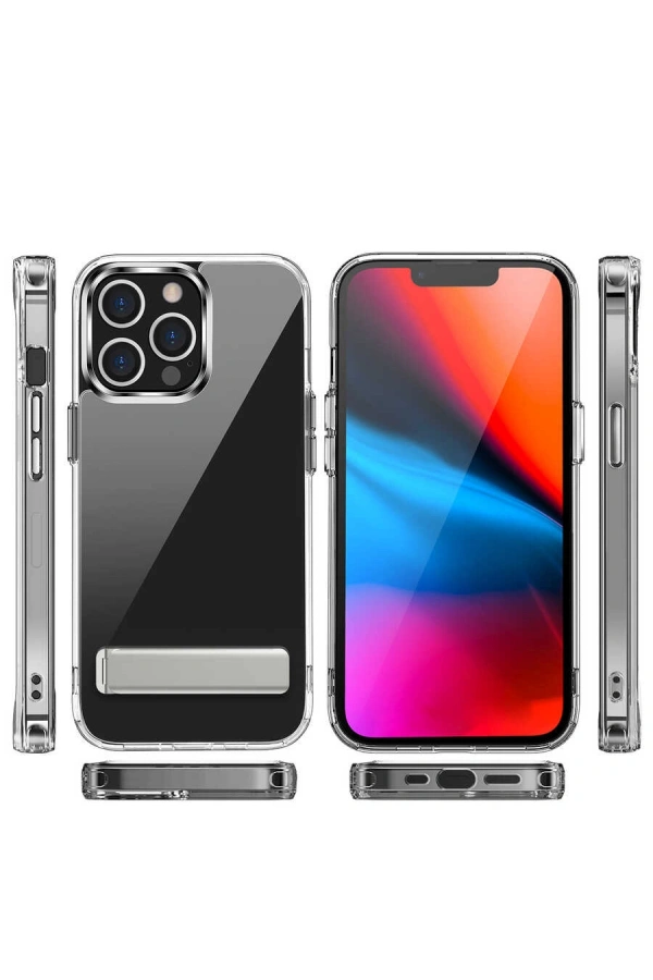 Apple iPhone 14 Pro Kılıf Standlı Şeffaf Silikon Zore L-Stand Kapak
