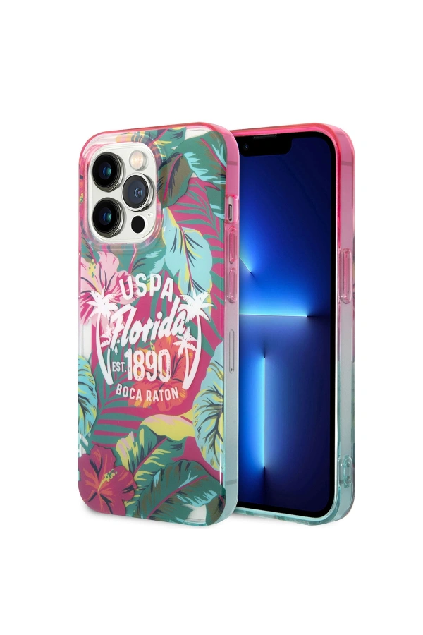 Apple iPhone 14 Pro Kılıf U.S. POLO ASSN. Renkli Yaprak Baskılı Dizayn Kapak