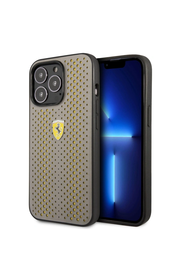 Apple iPhone 14 Pro Max Kılıf Ferrari Deri Sarı Noktalı Dizayn Kapak