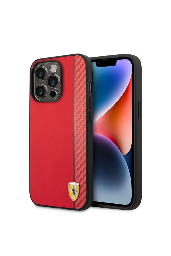 Apple iPhone 14 Pro Max Kılıf Ferrari M-safe Şarj Özellikli PU Deri Karbon Şeritli Dizayn Kapak