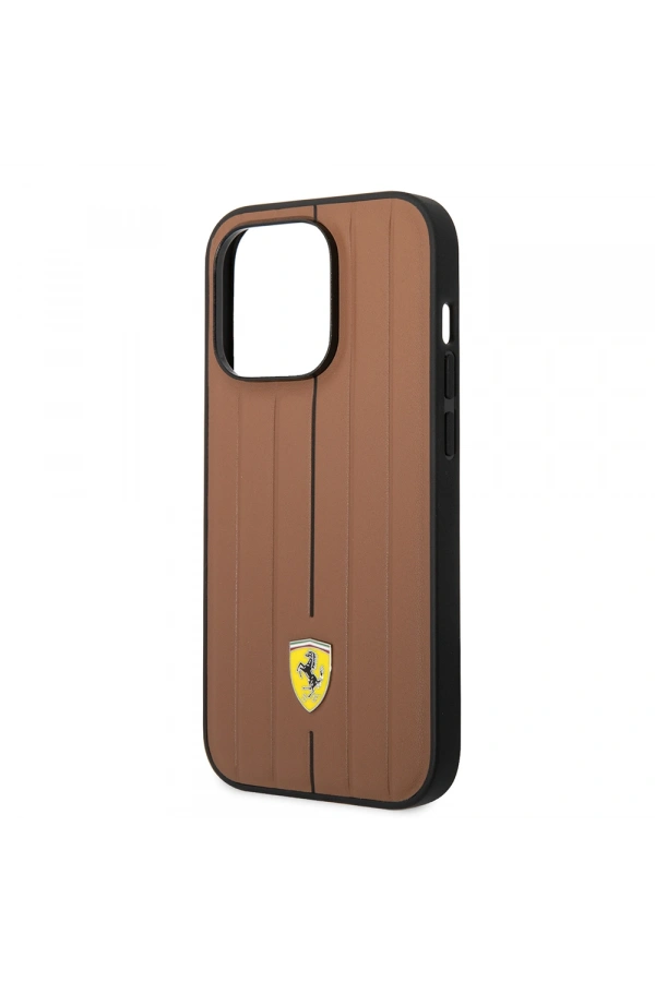 Apple iPhone 14 Pro Max Kılıf Ferrari Orjinal Lisanslı Deri Arka Yüzey Metal Logolu Şerit Tasarımlı Kapak