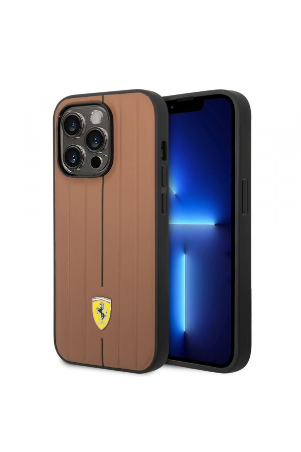 Apple iPhone 14 Pro Max Kılıf Ferrari Orjinal Lisanslı Deri Arka Yüzey Metal Logolu Şerit Tasarımlı Kapak