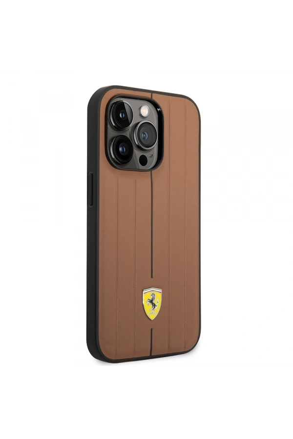 Apple iPhone 14 Pro Max Kılıf Ferrari Orjinal Lisanslı Deri Arka Yüzey Metal Logolu Şerit Tasarımlı Kapak