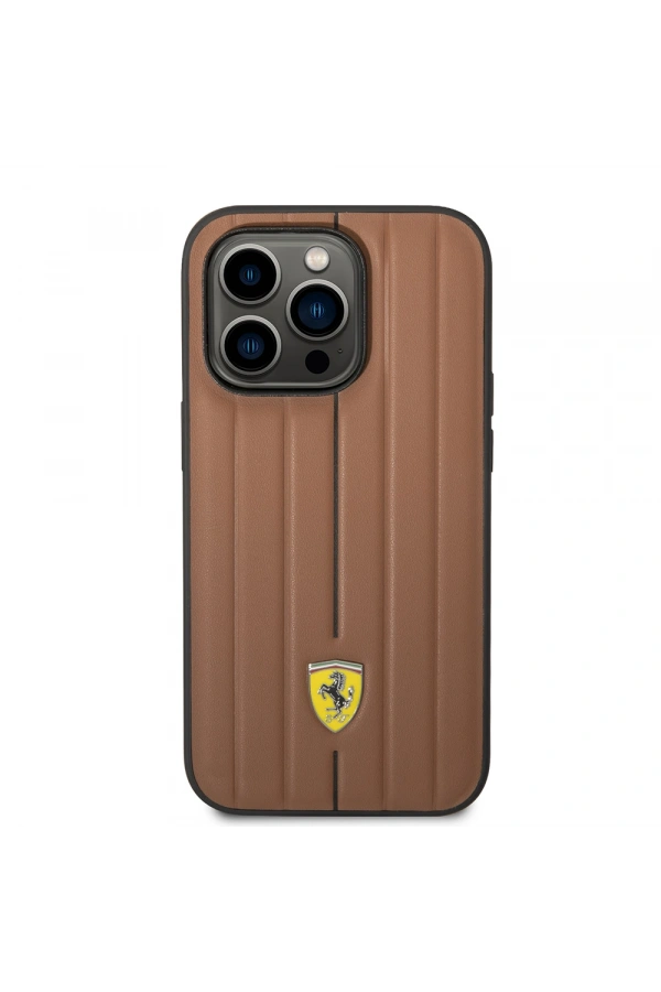 Apple iPhone 14 Pro Max Kılıf Ferrari Orjinal Lisanslı Deri Arka Yüzey Metal Logolu Şerit Tasarımlı Kapak