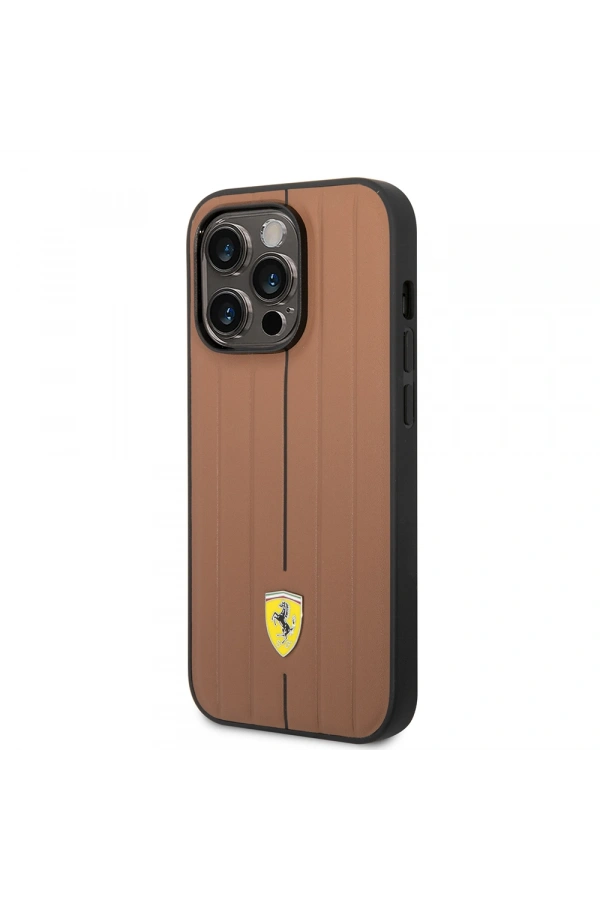 Apple iPhone 14 Pro Max Kılıf Ferrari Orjinal Lisanslı Deri Arka Yüzey Metal Logolu Şerit Tasarımlı Kapak