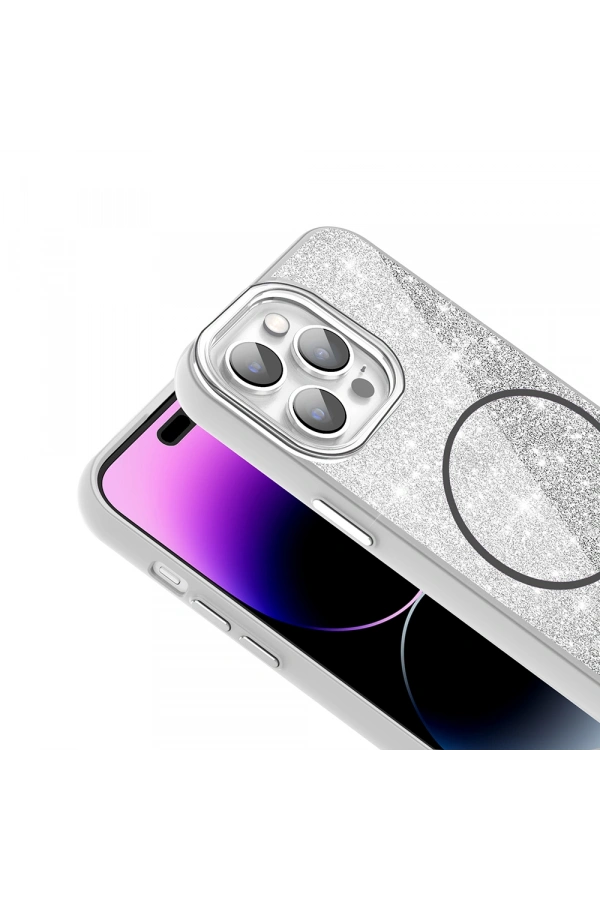 Apple iPhone 14 Pro Max Kılıf M-safe Şarj Özellikli Parlayan Simli Zore Okso Kapak