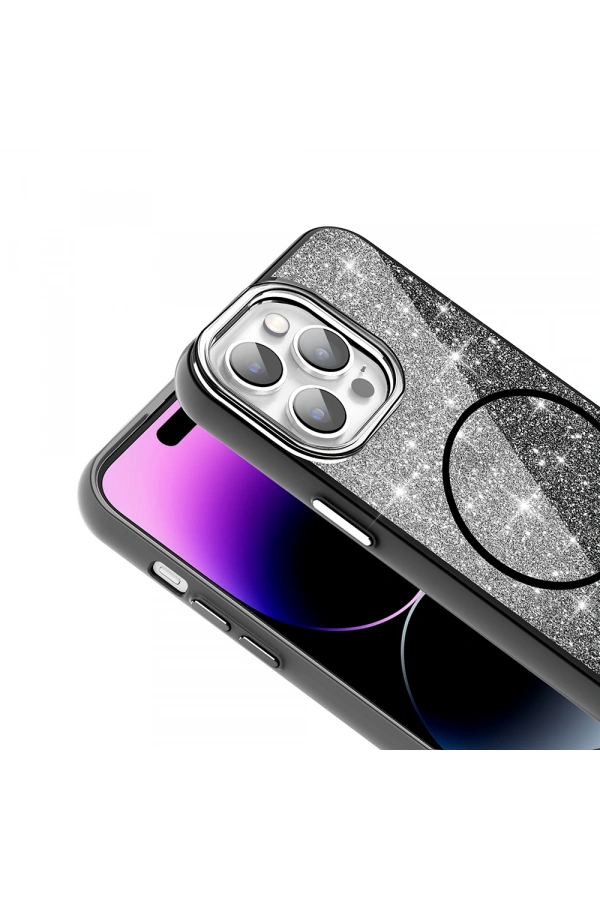 Apple iPhone 14 Pro Max Kılıf M-safe Şarj Özellikli Parlayan Simli Zore Okso Kapak