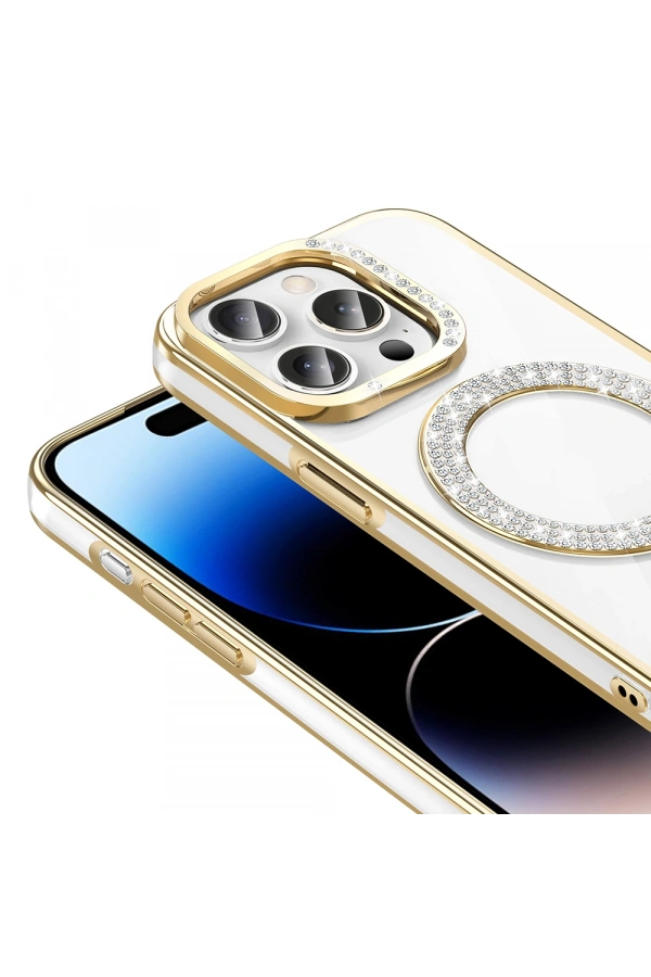 Apple iPhone 14 Pro Max Kılıf Pırlanta Taş Tasarımlı M-safe Şarj Özellikli Zore Karetta Silikon Kapak