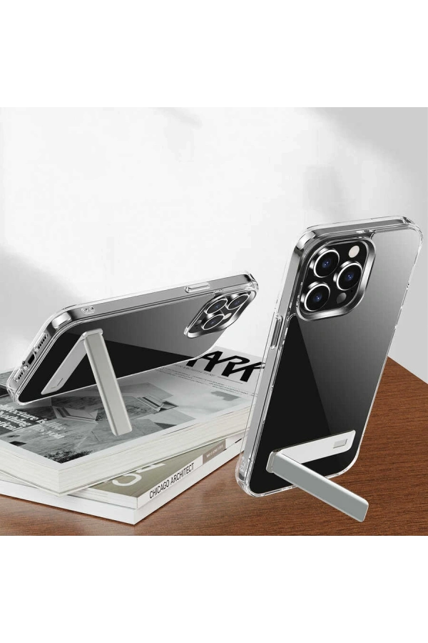 Apple iPhone 14 Pro Max Kılıf Standlı Şeffaf Silikon Zore L-Stand Kapak