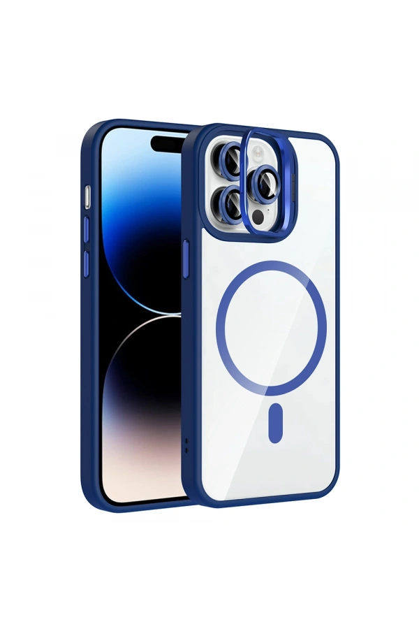 Apple iPhone 14 Pro Max Kılıf Standlı ve Kamera Lens Hediyeli M-Safe Şarj Özellikli Zore Etro Kapak