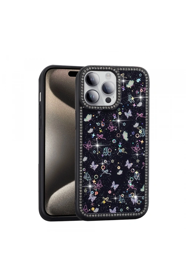 Apple iPhone 14 Pro Max Kılıf Taşlı ve Simli Tasarım Zore Azra Kapak