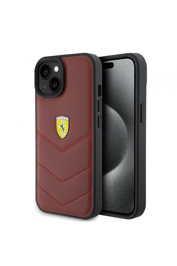 Apple iPhone 15 Kılıf Ferrari Orjinal Lisanslı Deri Dikişli Arka Yüzey Metal Logo Tasarımlı Kapak