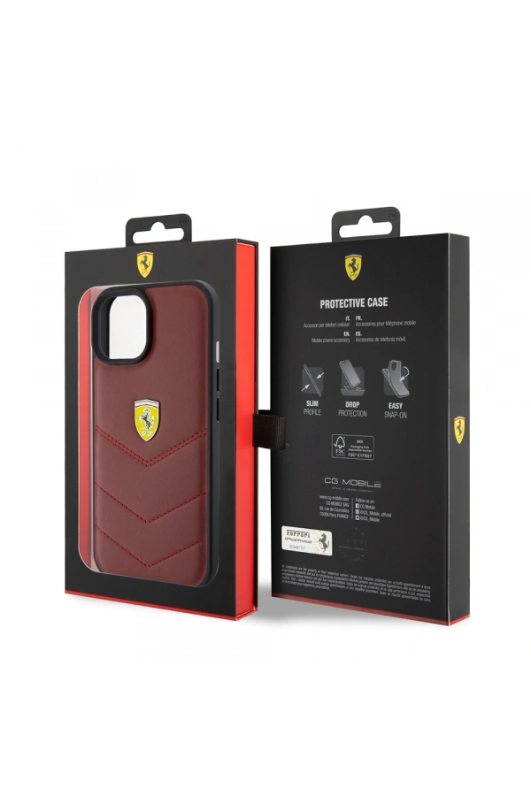 Apple iPhone 15 Kılıf Ferrari Orjinal Lisanslı Deri Dikişli Arka Yüzey Metal Logo Tasarımlı Kapak