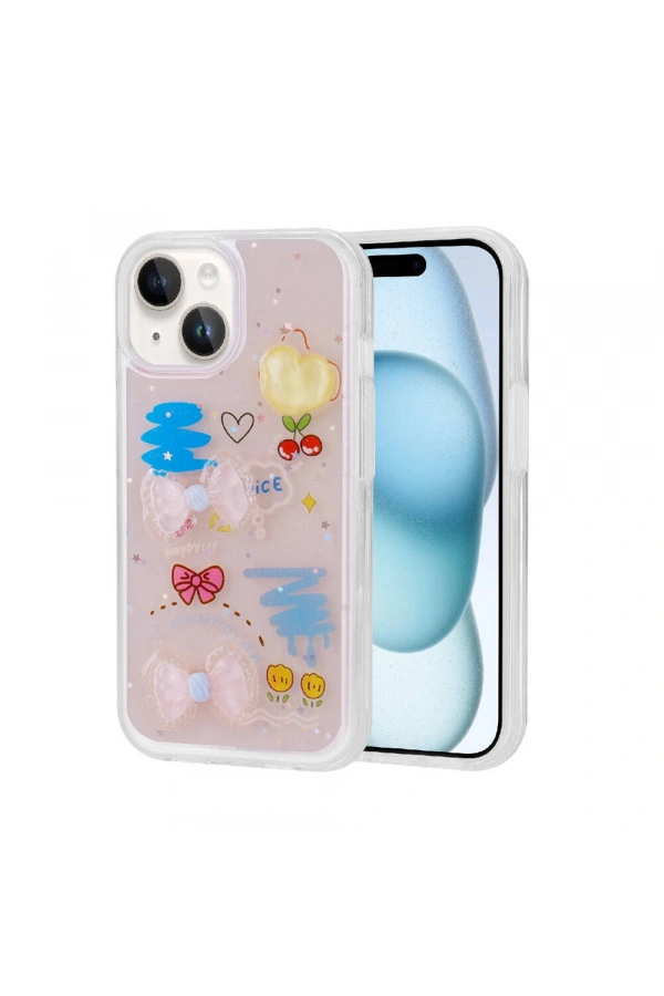 Apple iPhone 15 Kılıf Kabartma Figürlü Parlak Zore Minimini Silikon Kapak