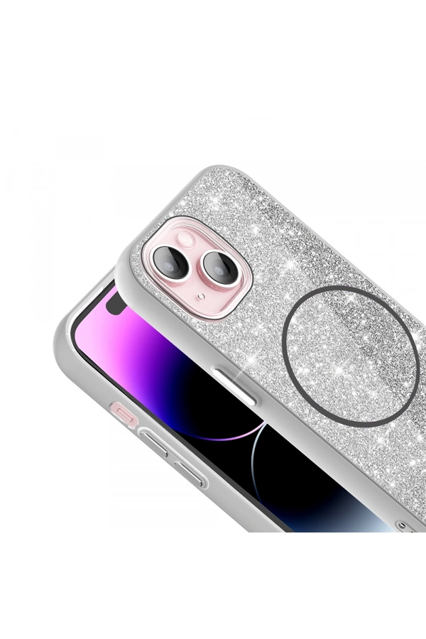 Apple iPhone 15 Kılıf M-safe Şarj Özellikli Parlayan Simli Zore Okso Kapak