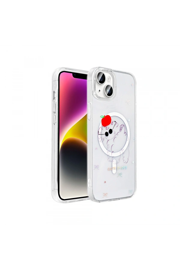 Apple iPhone 15 Kılıf M-Safe Şarj Özellikli Şeffaf Zore Folk Sert Kapak