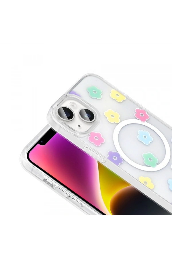 Apple iPhone 15 Kılıf M-Safe Şarj Özellikli Şeffaf Zore Folk Sert Kapak