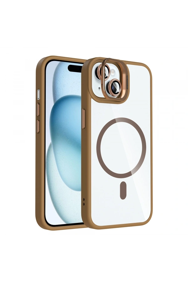 Apple iPhone 15 Kılıf Standlı ve Kamera Lens Hediyeli M-Safe Şarj Özellikli Zore Etro Kapak