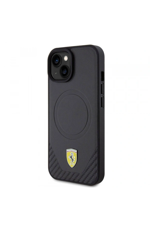 Apple iPhone 15 Plus Kılıf Ferrari Orjinal Lisanslı M-safe Şarj Özellikli Metal Logolu PU Karbon Kapak