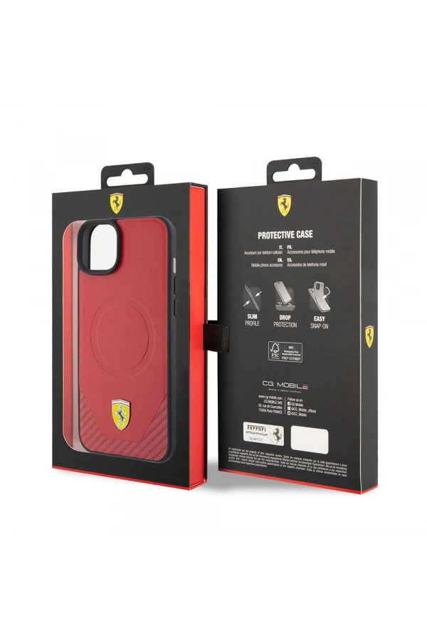 Apple iPhone 15 Plus Kılıf Ferrari Orjinal Lisanslı M-safe Şarj Özellikli Metal Logolu PU Karbon Kapak