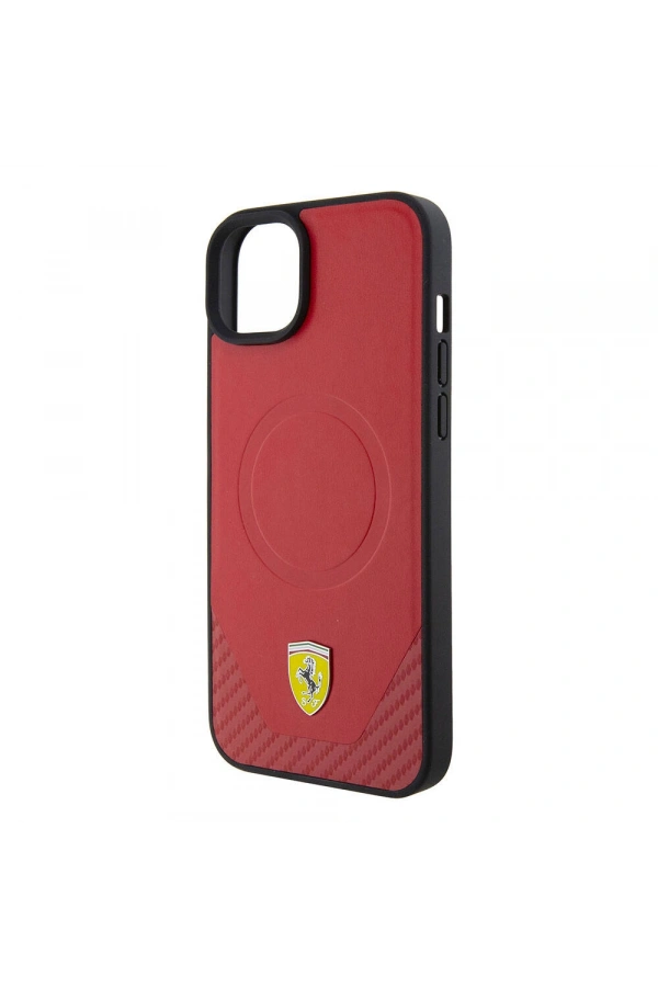 Apple iPhone 15 Plus Kılıf Ferrari Orjinal Lisanslı M-safe Şarj Özellikli Metal Logolu PU Karbon Kapak
