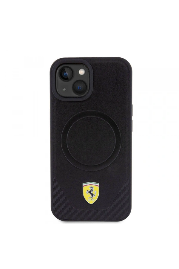 Apple iPhone 15 Plus Kılıf Ferrari Orjinal Lisanslı M-safe Şarj Özellikli Metal Logolu PU Karbon Kapak