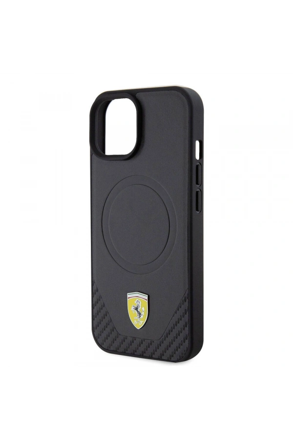 Apple iPhone 15 Plus Kılıf Ferrari Orjinal Lisanslı M-safe Şarj Özellikli Metal Logolu PU Karbon Kapak