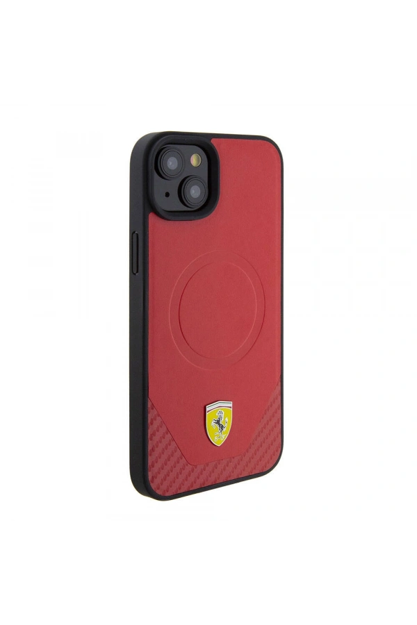 Apple iPhone 15 Plus Kılıf Ferrari Orjinal Lisanslı M-safe Şarj Özellikli Metal Logolu PU Karbon Kapak