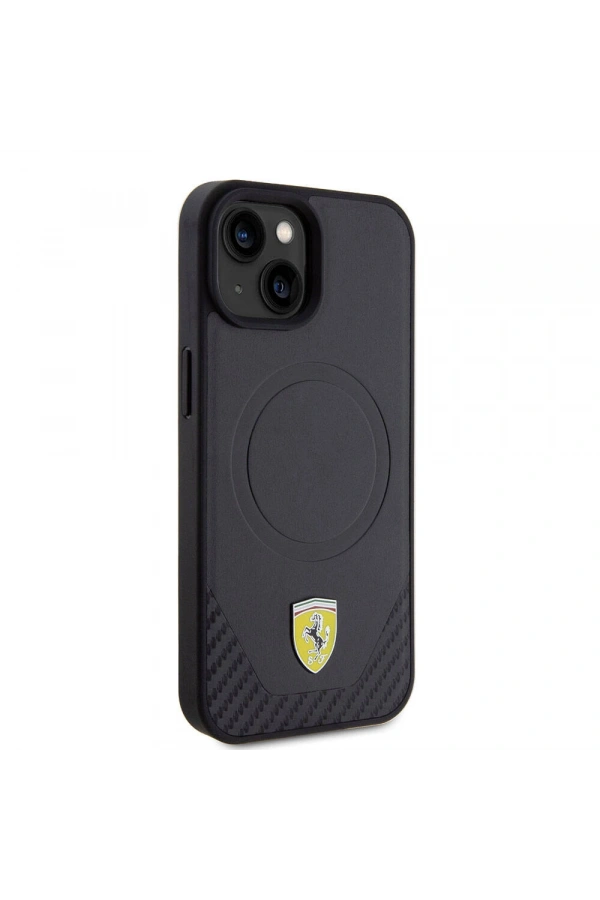 Apple iPhone 15 Plus Kılıf Ferrari Orjinal Lisanslı M-safe Şarj Özellikli Metal Logolu PU Karbon Kapak