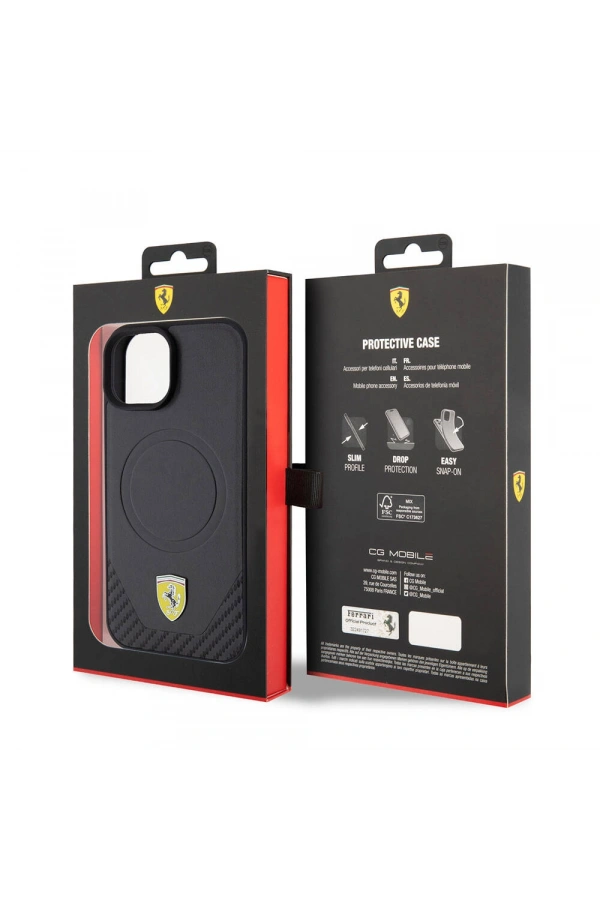 Apple iPhone 15 Plus Kılıf Ferrari Orjinal Lisanslı M-safe Şarj Özellikli Metal Logolu PU Karbon Kapak