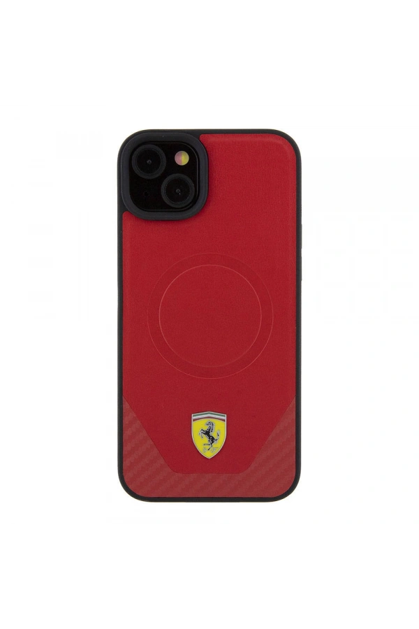 Apple iPhone 15 Plus Kılıf Ferrari Orjinal Lisanslı M-safe Şarj Özellikli Metal Logolu PU Karbon Kapak