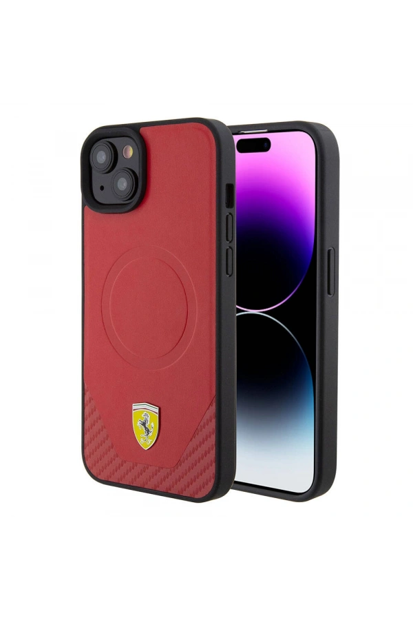 Apple iPhone 15 Plus Kılıf Ferrari Orjinal Lisanslı M-safe Şarj Özellikli Metal Logolu PU Karbon Kapak