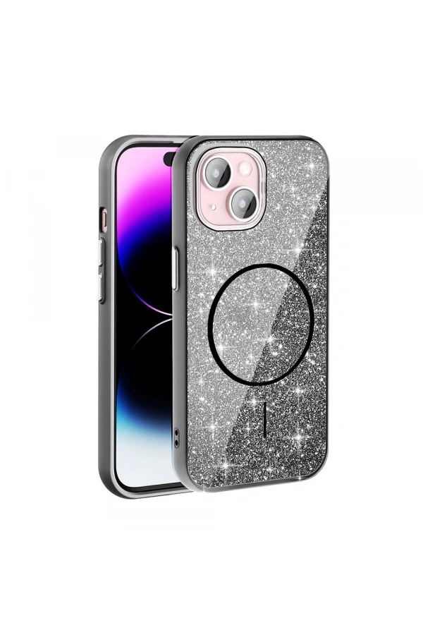 Apple iPhone 15 Plus Kılıf M-safe Şarj Özellikli Parlayan Simli Zore Okso Kapak