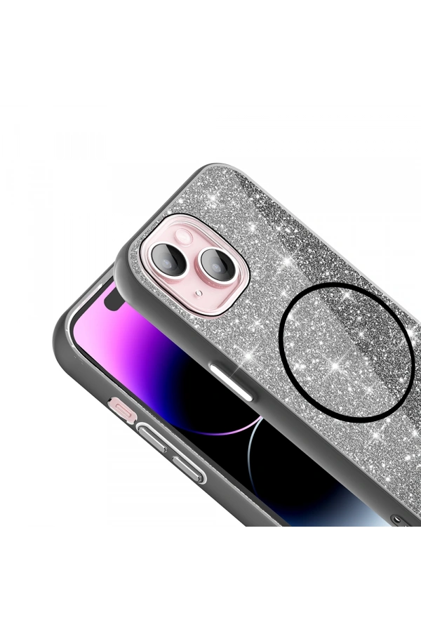 Apple iPhone 15 Plus Kılıf M-safe Şarj Özellikli Parlayan Simli Zore Okso Kapak