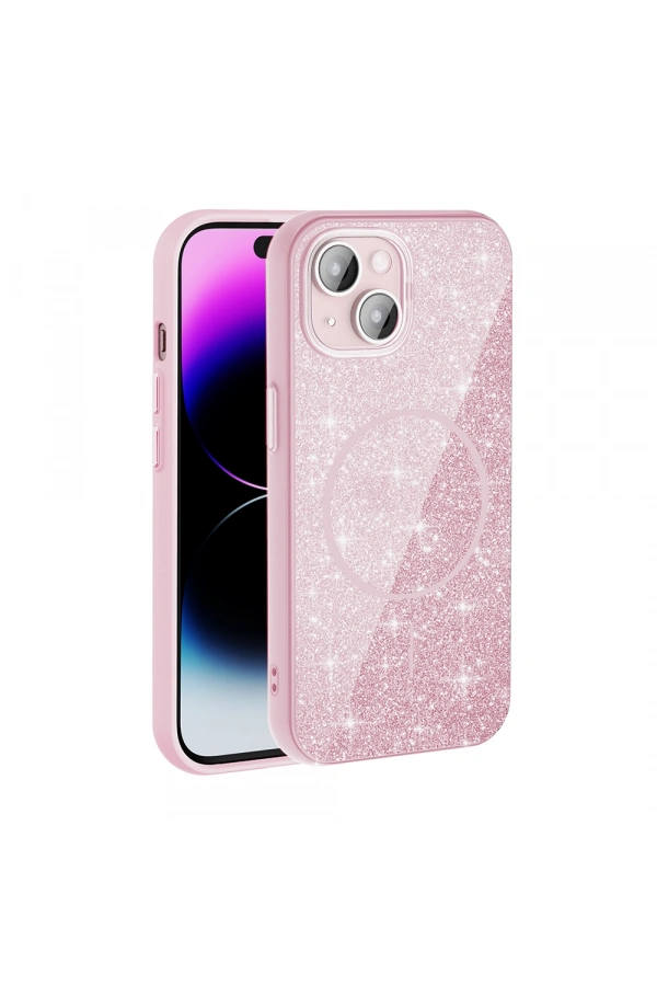 Apple iPhone 15 Plus Kılıf M-safe Şarj Özellikli Parlayan Simli Zore Okso Kapak