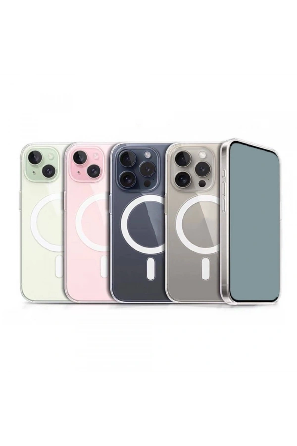 Apple iPhone 15 Plus Kılıf M-safe Şarj Özellikli Şeffaf Sert PC Zore Embos Kapak