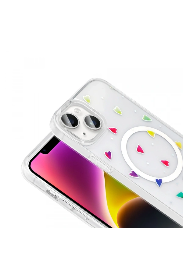 Apple iPhone 15 Plus Kılıf M-Safe Şarj Özellikli Şeffaf Zore Folk Sert Kapak