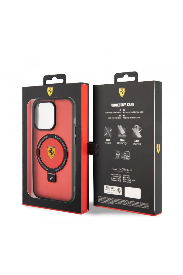 Apple iPhone 15 Pro Kılıf Ferrari M-safe Şarj Özellikli Standlı Buzlu Yüzey Dizayn Kapak