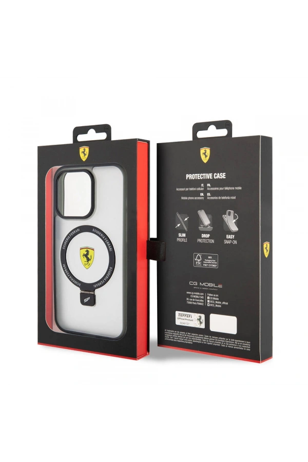 Apple iPhone 15 Pro Kılıf Ferrari M-safe Şarj Özellikli Standlı Buzlu Yüzey Dizayn Kapak