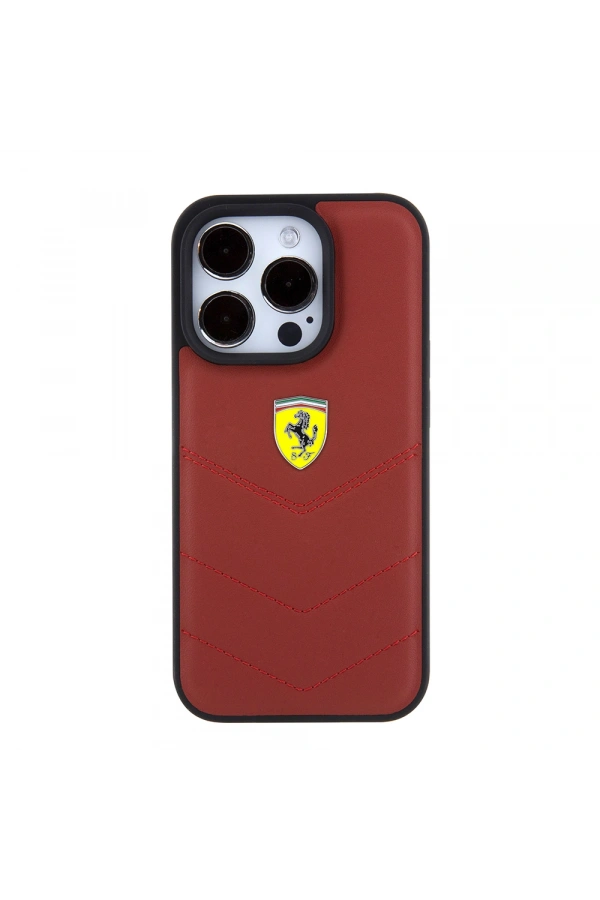 Apple iPhone 15 Pro Kılıf Ferrari Orjinal Lisanslı Deri Dikişli Arka Yüzey Metal Logo Tasarımlı Kapak