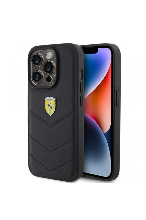 Apple iPhone 15 Pro Kılıf Ferrari Orjinal Lisanslı Deri Dikişli Arka Yüzey Metal Logo Tasarımlı Kapak