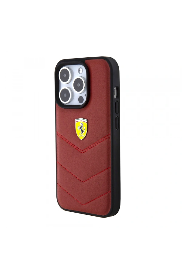 Apple iPhone 15 Pro Kılıf Ferrari Orjinal Lisanslı Deri Dikişli Arka Yüzey Metal Logo Tasarımlı Kapak