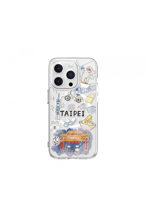 Apple iPhone 15 Pro Kılıf M-safe Şarj Özellikli Çizim Desenli Şok Önleyicili Şeffaf Lisanslı Switcheasy City-M Taipei Kapak