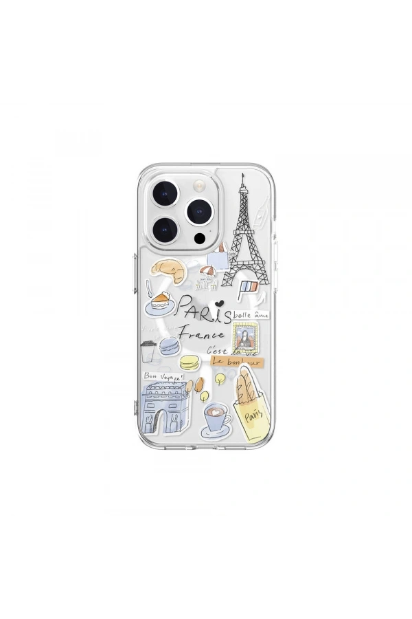 Apple iPhone 15 Pro Kılıf M-safe Şarj Özellikli Çizim Desenli Şok Önleyicili Şeffaf Lisanslı Switcheasy City-M Paris Kapak