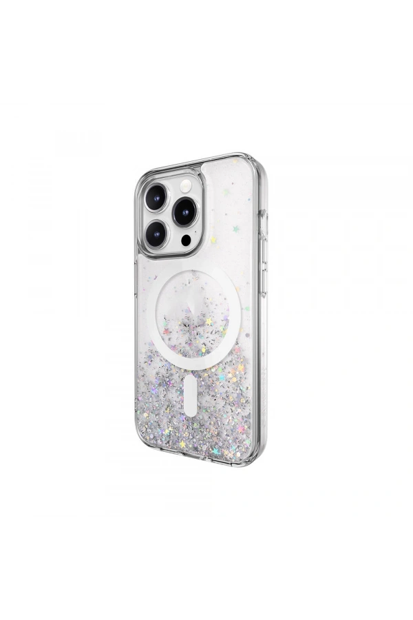 Apple iPhone 15 Pro Kılıf M-safe Şarj Özellikli Parlayan Simli Şeffaf Lisanslı Switcheasy Starfield-M Kapak
