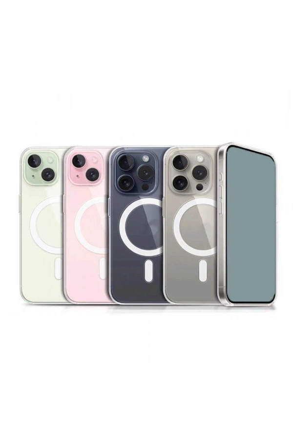 Apple iPhone 15 Pro Kılıf M-safe Şarj Özellikli Şeffaf Sert PC Zore Embos Kapak