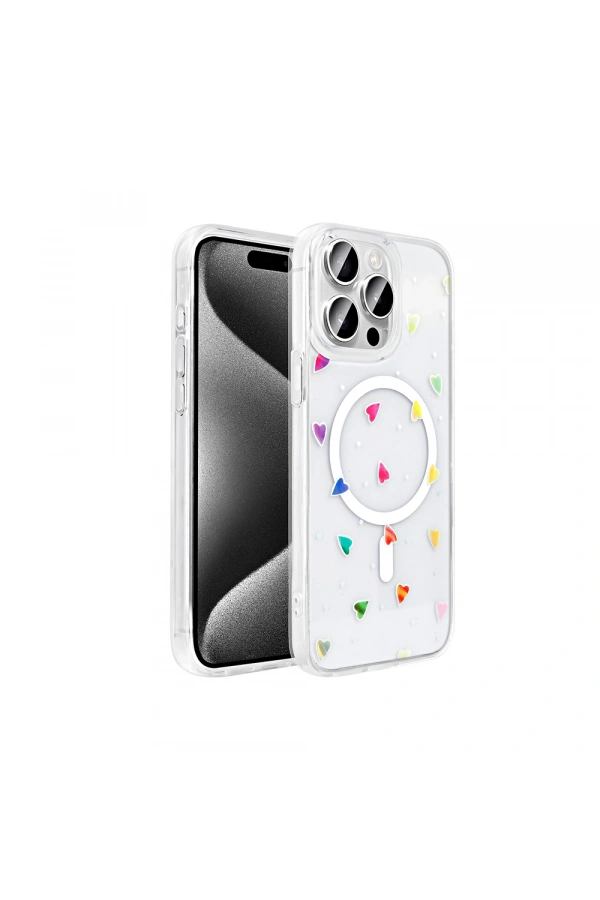 Apple iPhone 15 Pro Kılıf M-Safe Şarj Özellikli Şeffaf Zore Folk Sert Kapak